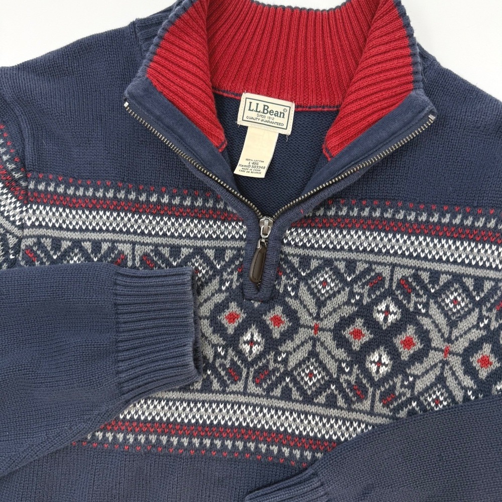 LL Bean Mens Large Regular 1/4 Zip Fair Isle Cotton Sweater Navy Blue Red